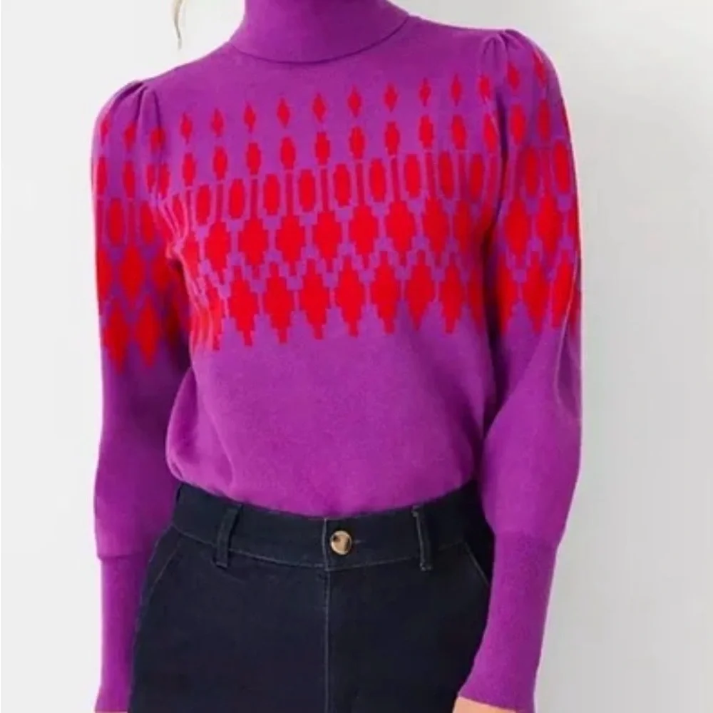 Ann Taylor Fair Isle Turtleneck Sweater Small Purple Red Knit‎ Winter Cozy